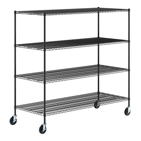 A black metal wire shelving unit with four shelves and four caster wheels for mobility.