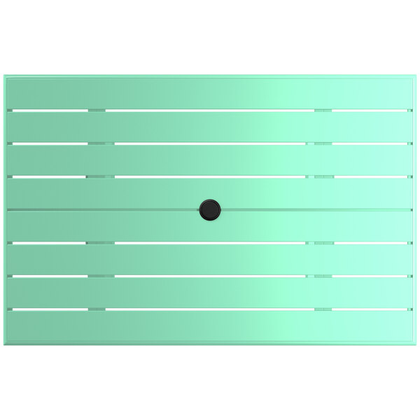 A Lancaster Table & Seating seafoam green powder-coated table with a black umbrella hole.