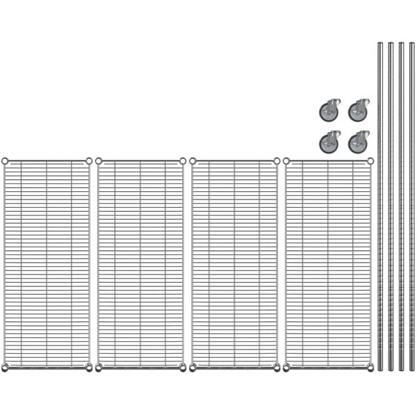 A Regency chrome wire shelving starter kit with wheels and metal bars.