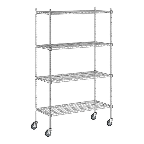 A Regency chrome wire shelving unit with wheels.