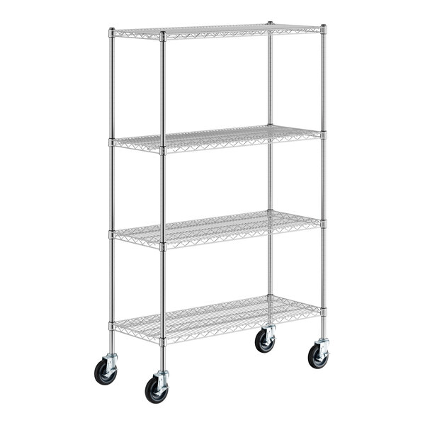 A four-tier chrome wire shelving unit with wheels for mobility.
