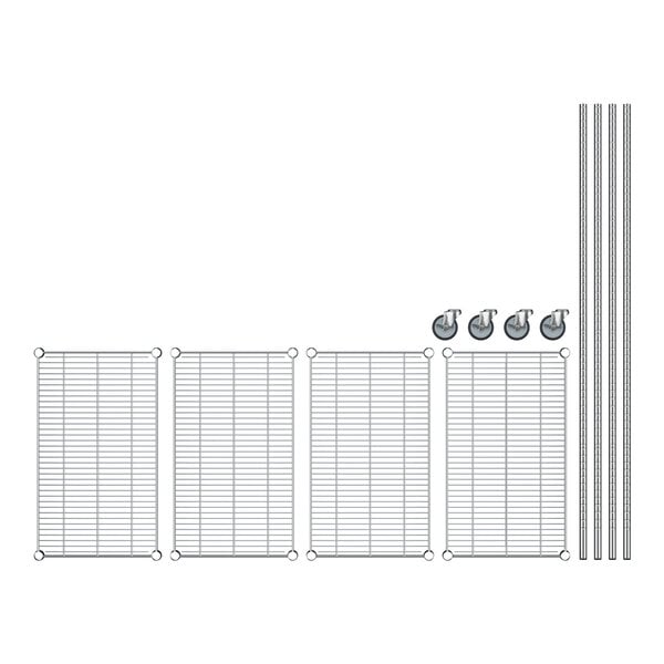 A diagram of a Regency chrome wire shelving unit with four shelves.