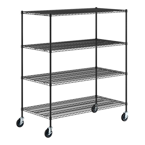A black metal shelving unit with four wire shelves and four caster wheels.
