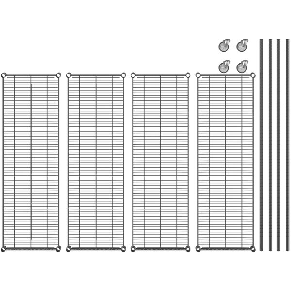 A Regency black wire shelving unit with casters.