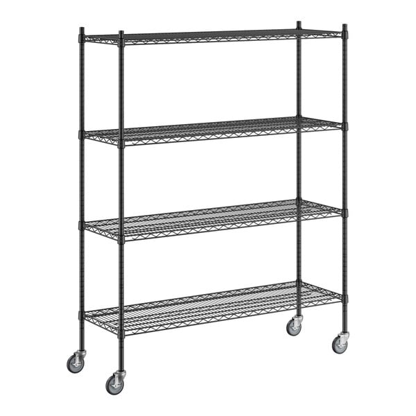 A Regency black wire shelving unit with casters.