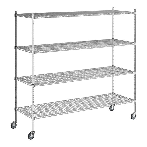 A wireframe of a Regency chrome metal shelving unit with four shelves and wheels.