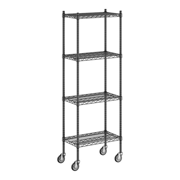 A black Regency wire shelving unit with wheels.