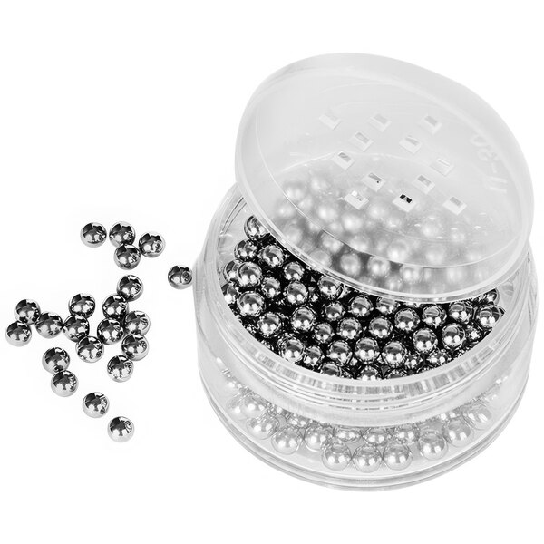 A clear plastic container with Franmara stainless steel cleaning balls inside.