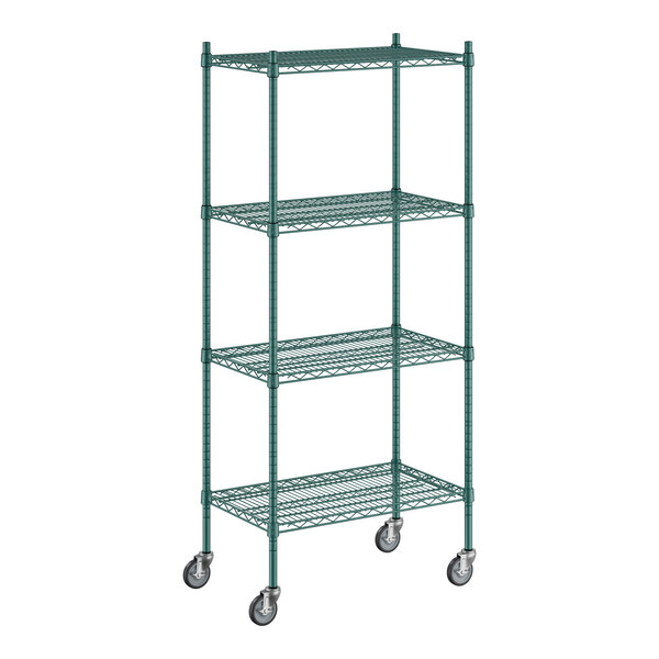 A Regency green wire shelving unit with wheels.