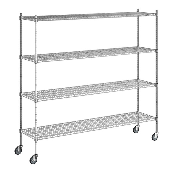 A Regency chrome mobile wire shelving unit with wheels.