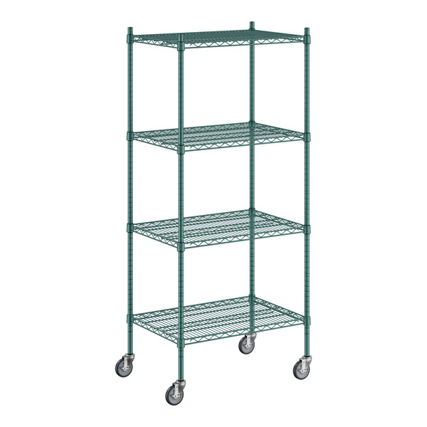 A Regency green wire shelving unit with wheels.