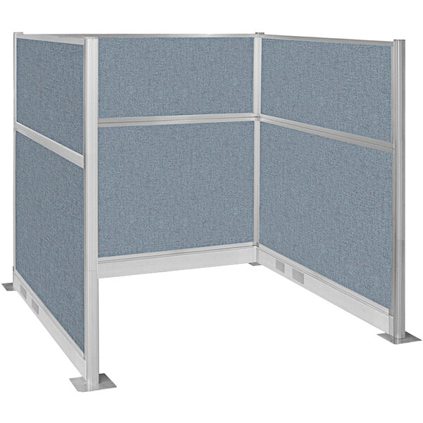 A Versare Hush Panel U-Shape Cubicle with blue fabric panels and metal frame.