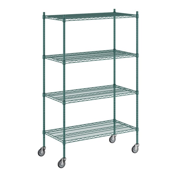 A green metal Regency wire shelving unit.