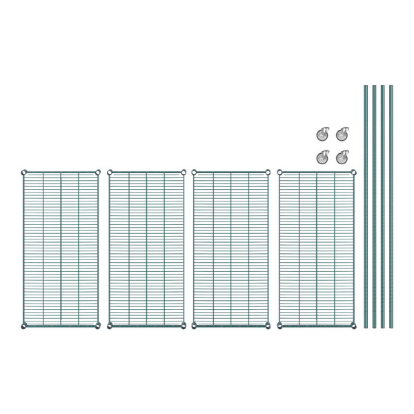 A Regency green wire shelving unit with four shelves.