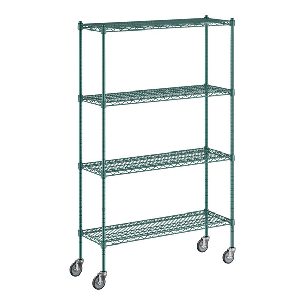 A green Regency wire shelving unit on wheels.