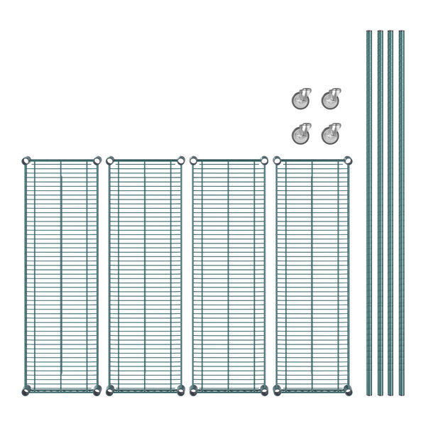 A Regency wire shelving unit with green epoxy metal shelves, posts, and casters.