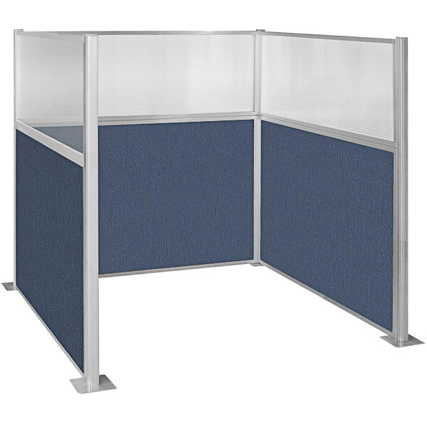 A Versare Hush Panel Ocean U-Shape Cubicle with blue and white fabric panels.