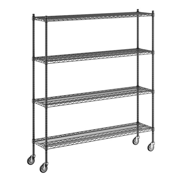 A black wire Regency shelving unit with wheels.