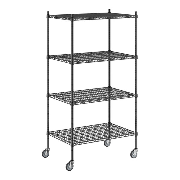 A black wire Regency shelving unit with wheels.