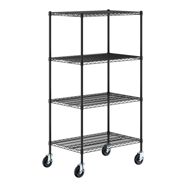 A black metal shelving unit with four wire shelves and four caster wheels.