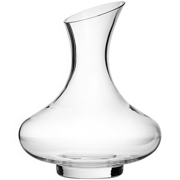 A Franmara clear glass decanter with a curved neck.