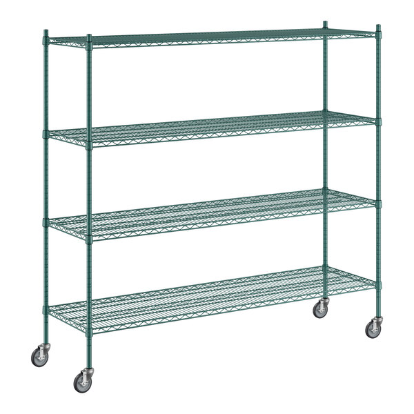 A green metal Regency wire shelving unit.