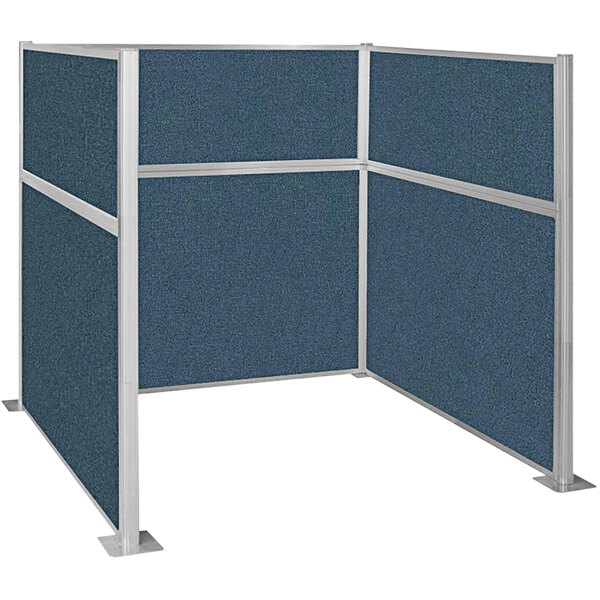 A cubicle with blue fabric panels and white metal bars forming a U-shape.