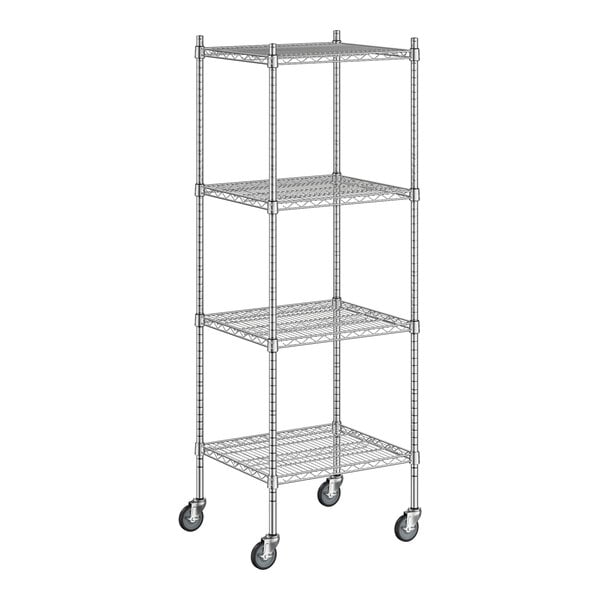 A Regency chrome wire shelving unit with wheels.