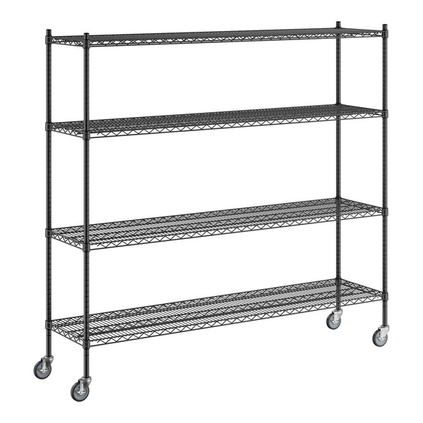 A black metal Regency wire shelving unit with wheels.