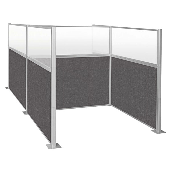 A charcoal gray Versare Hush Panel cubicle with glass panels.