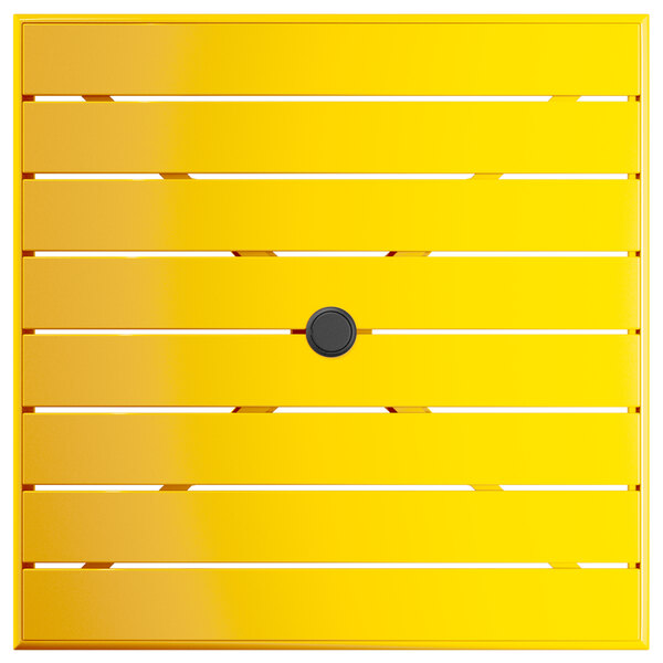 A yellow square table with a black circle for an umbrella.
