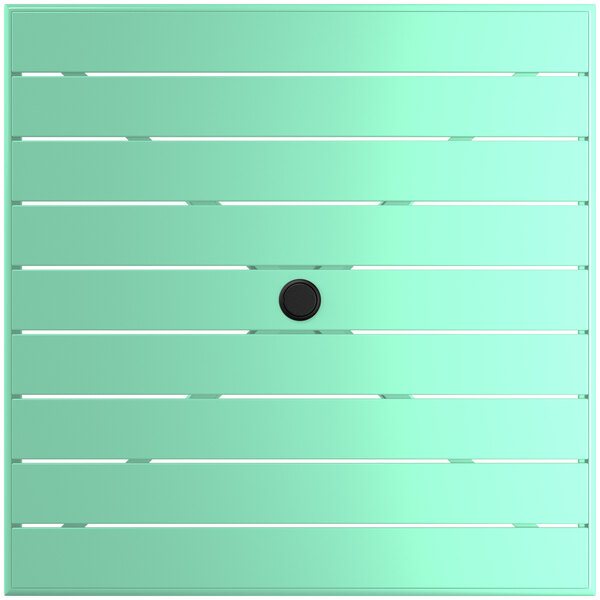 A square seafoam green table with a black umbrella hole on a black circle.