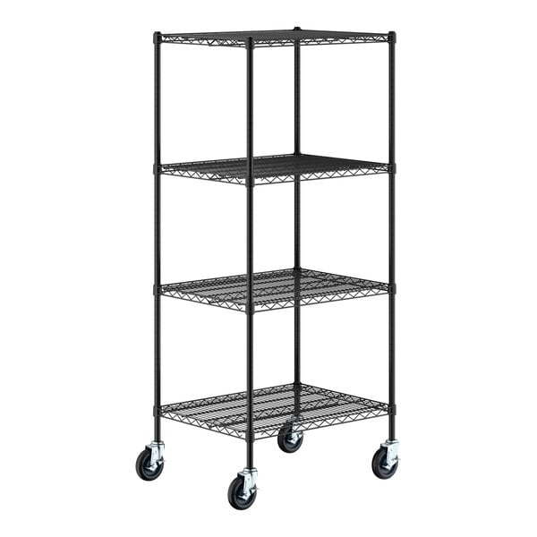 A black metal shelving unit with four wire shelves and four caster wheels, designed for mobility and storage.