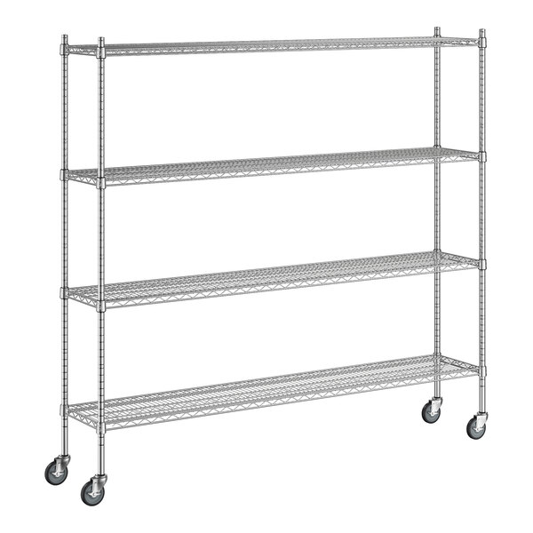 A wireframe of a chrome Regency 4-shelf metal shelving unit with wheels.