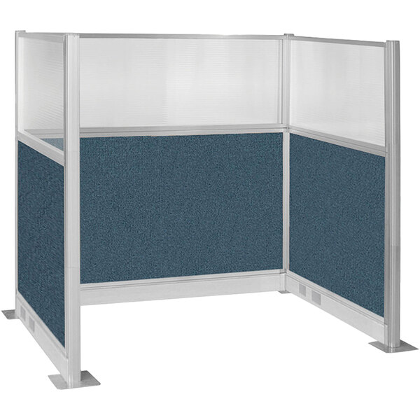 A Versare Caribbean U-Shape cubicle with blue fabric.