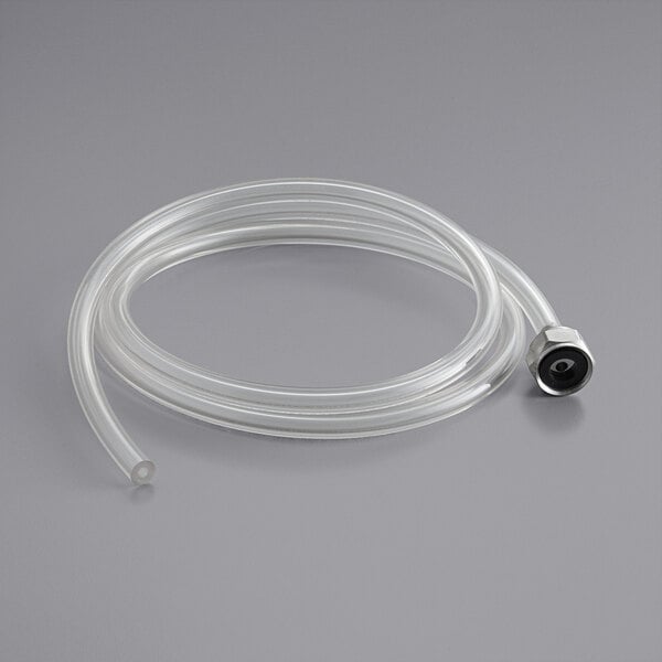 A clear vinyl beer hose with a metal connector.