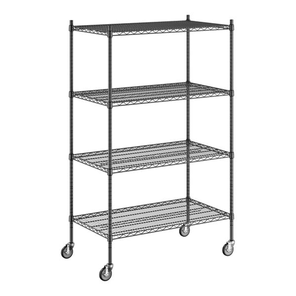 A black wire Regency shelving unit with wheels.