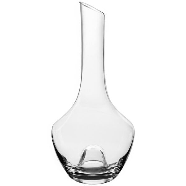 A clear glass flask with a curved neck.