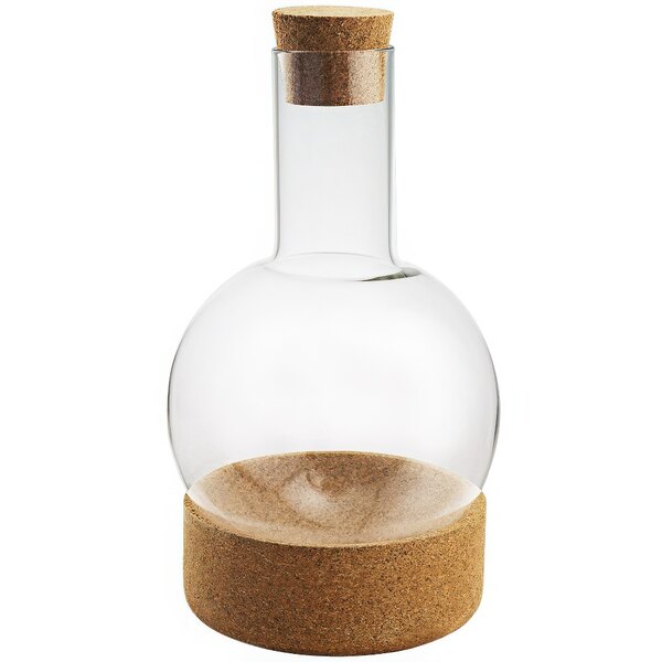 A Franmara glass decanter with cork stopper and cork base.