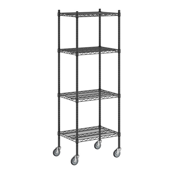 A black metal Regency wire shelving unit with wheels.