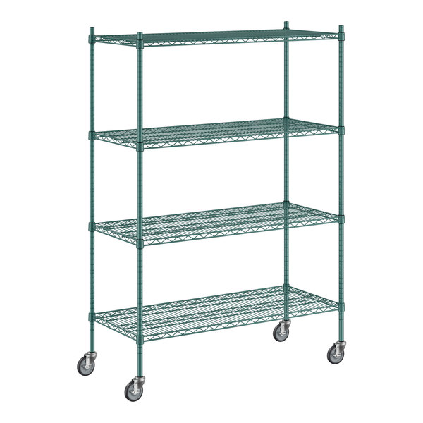 A green metal Regency wire shelving unit with wheels.