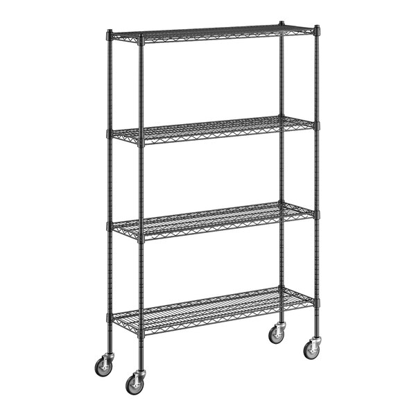 A Regency black wire shelving unit with wheels.