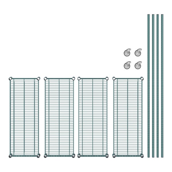 A white metal Regency wire rack with wheels and metal rods.