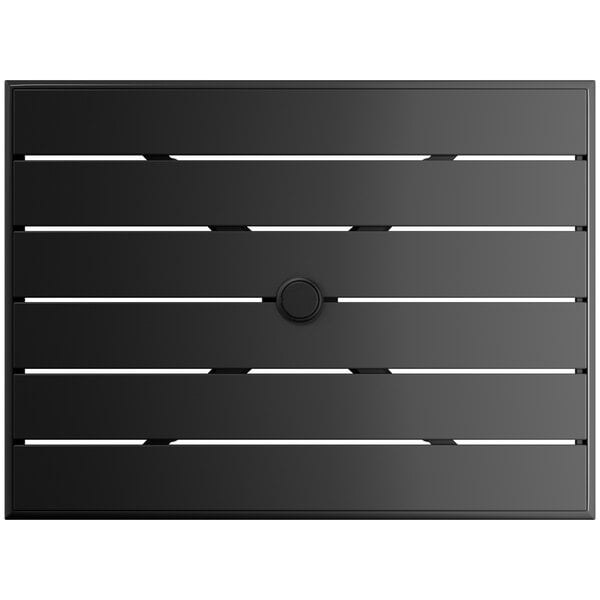 A black rectangular Lancaster Table & Seating outdoor table with a white border and umbrella hole.