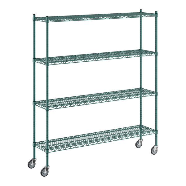 A green metal Regency wire shelving unit with wheels.