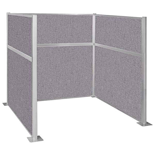 A grey Versare Hush U-Shape cubicle with silver metal posts.