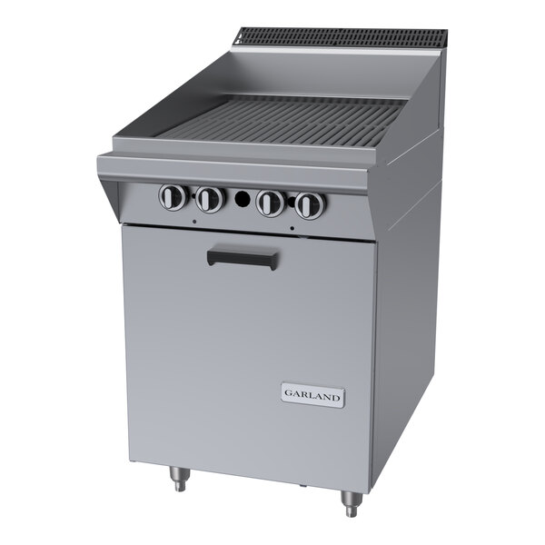 A commercial stainless steel 24-inch briquette charbroiler with storage base and control knobs.