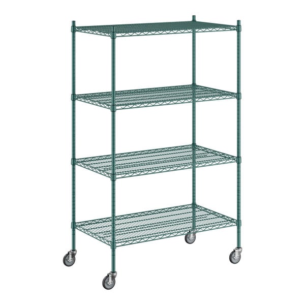 A green metal Regency wire shelving unit with casters.