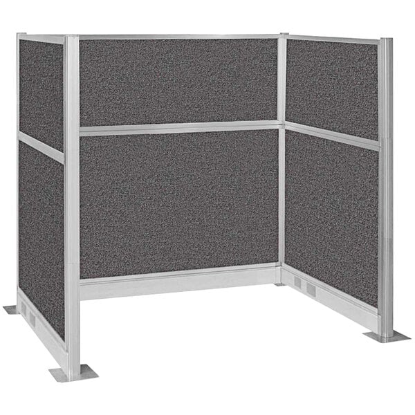 A Versare charcoal gray cubicle with two panels on it.