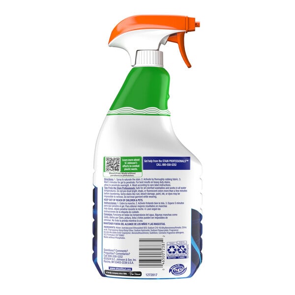 A 22 oz. bottle of SC Johnson Shout Advanced Action Gel Laundry Stain Remover Spray with an orange trigger nozzle.